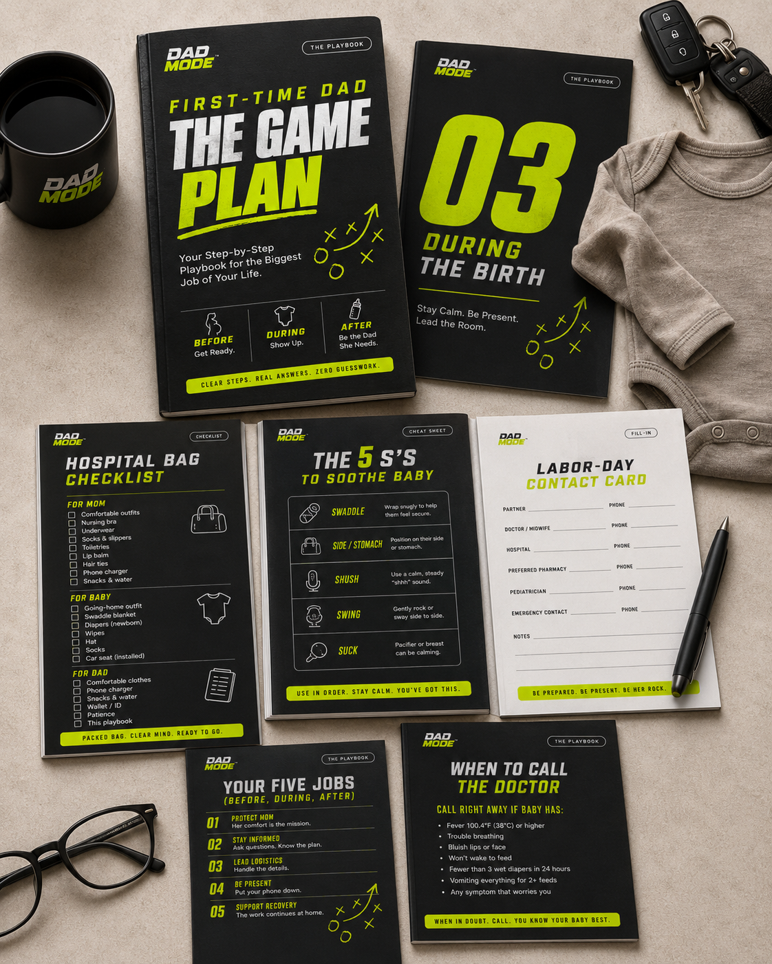 The Complete Dad Playbook Bundle — the Game Plan plus the Delivery Day Kit and First 90 Days Kit, shown with checklists and cheat sheets