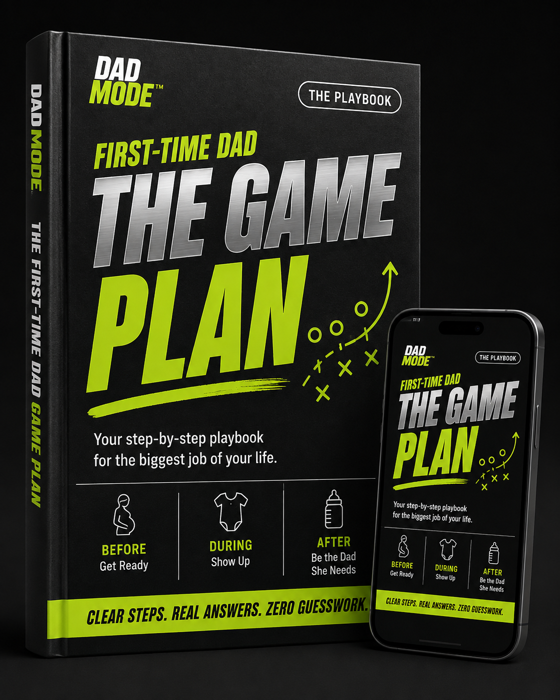 The First-Time Dad Game Plan playbook shown as a book and on a phone