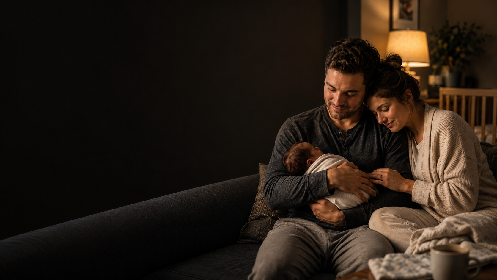 New parents holding their newborn baby together on the couch at home